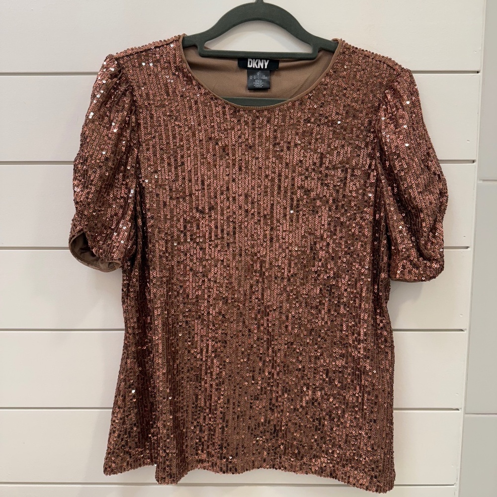 DKNY taupe sequin top perfect for NYE!